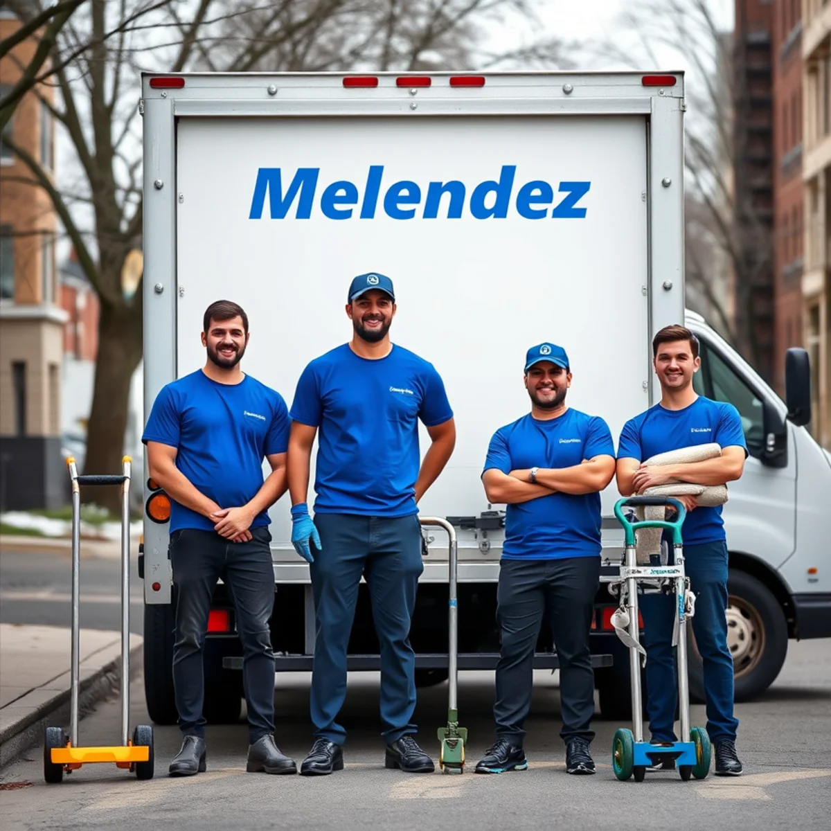 Uniformed Melendez Moving crew with a moving truck on a Chicago street